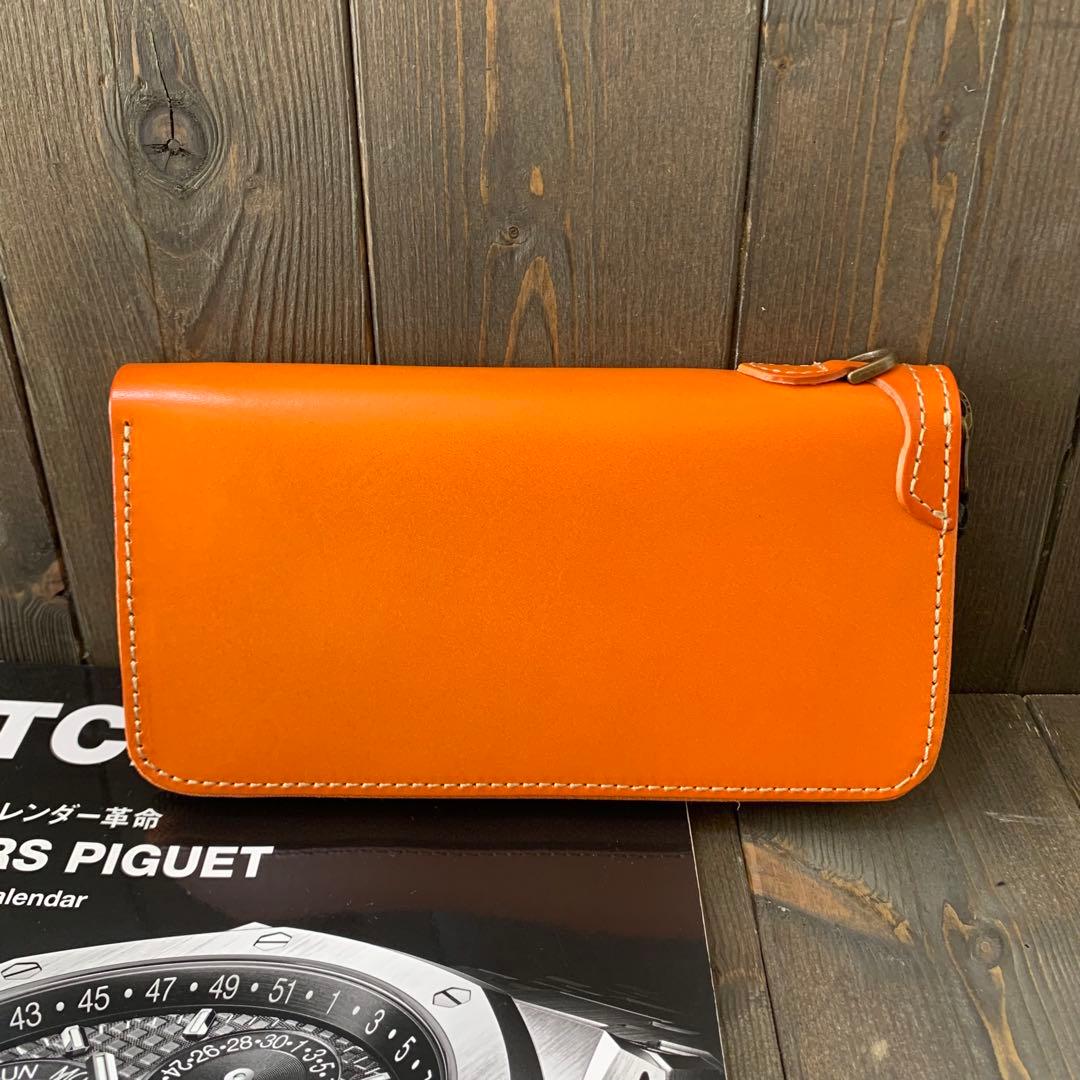 C24■極上 栃木レザー 無双 バイカーズウォレット 財布■橙茶■職人手縫い