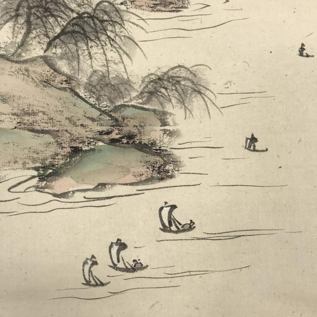 【真作】青竹泉/山湖帆舟図/掛軸☆宝船☆AB-600