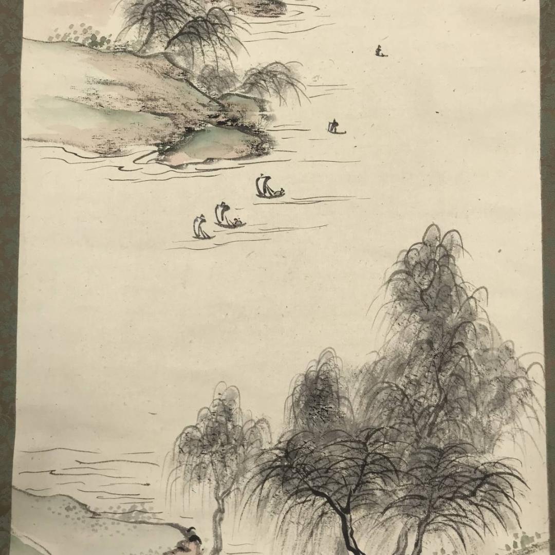 【真作】青竹泉/山湖帆舟図/掛軸☆宝船☆AB-600