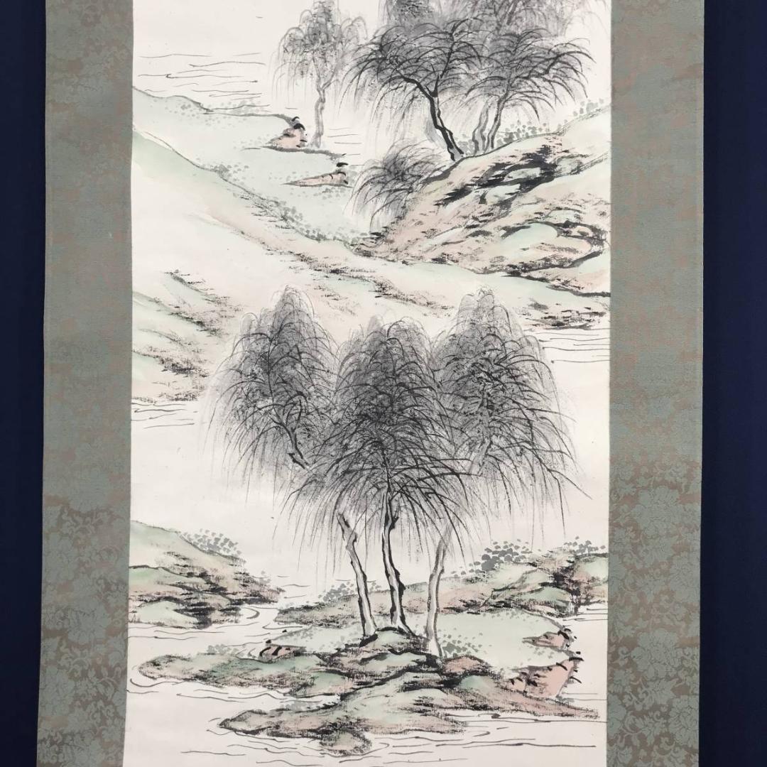 【真作】青竹泉/山湖帆舟図/掛軸☆宝船☆AB-600