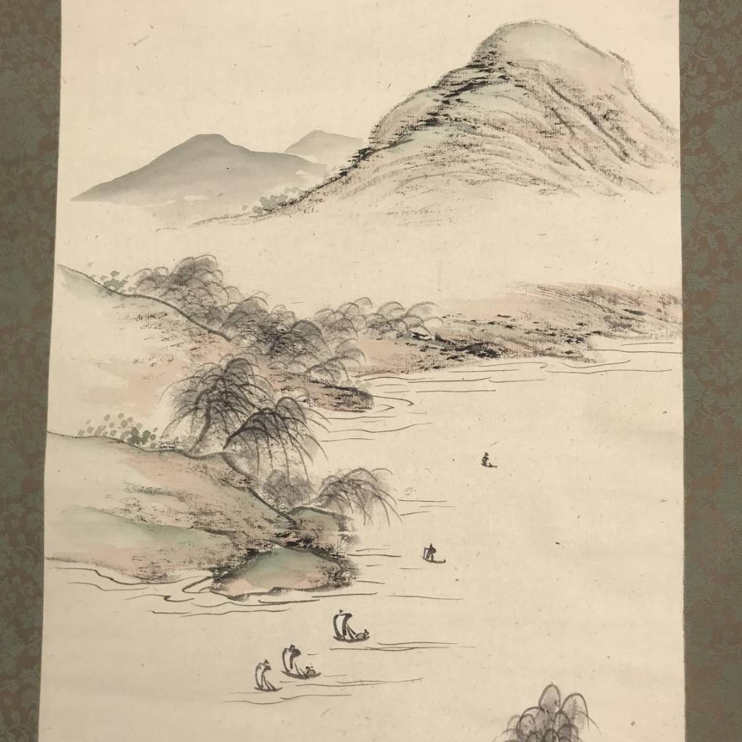 【真作】青竹泉/山湖帆舟図/掛軸☆宝船☆AB-600