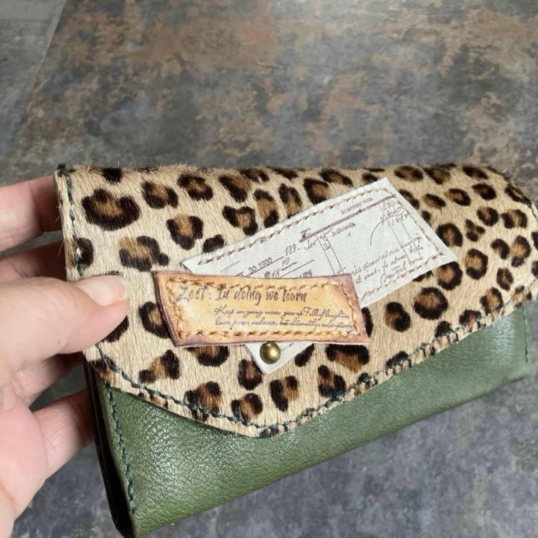本革☆ハラコ財布　ヌメ革カーキ レザー財布　長財布