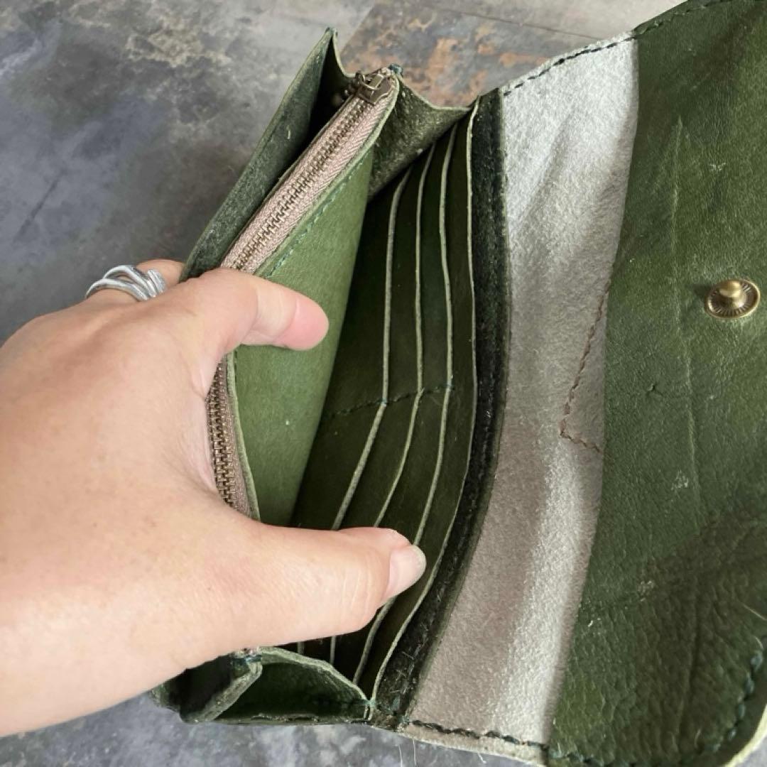 本革☆ハラコ財布　ヌメ革カーキ レザー財布　長財布