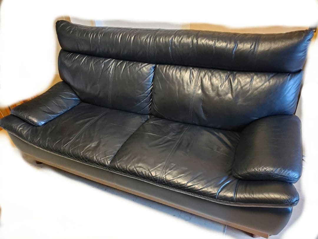 3人掛け 革張り 本革 牛革 レザー ソファ ブラック ハイバック 190cm