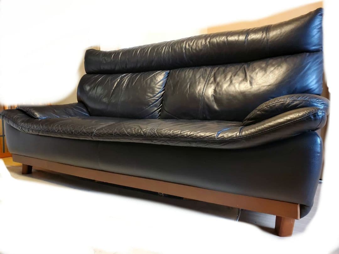 3人掛け 革張り 本革 牛革 レザー ソファ ブラック ハイバック 190cm