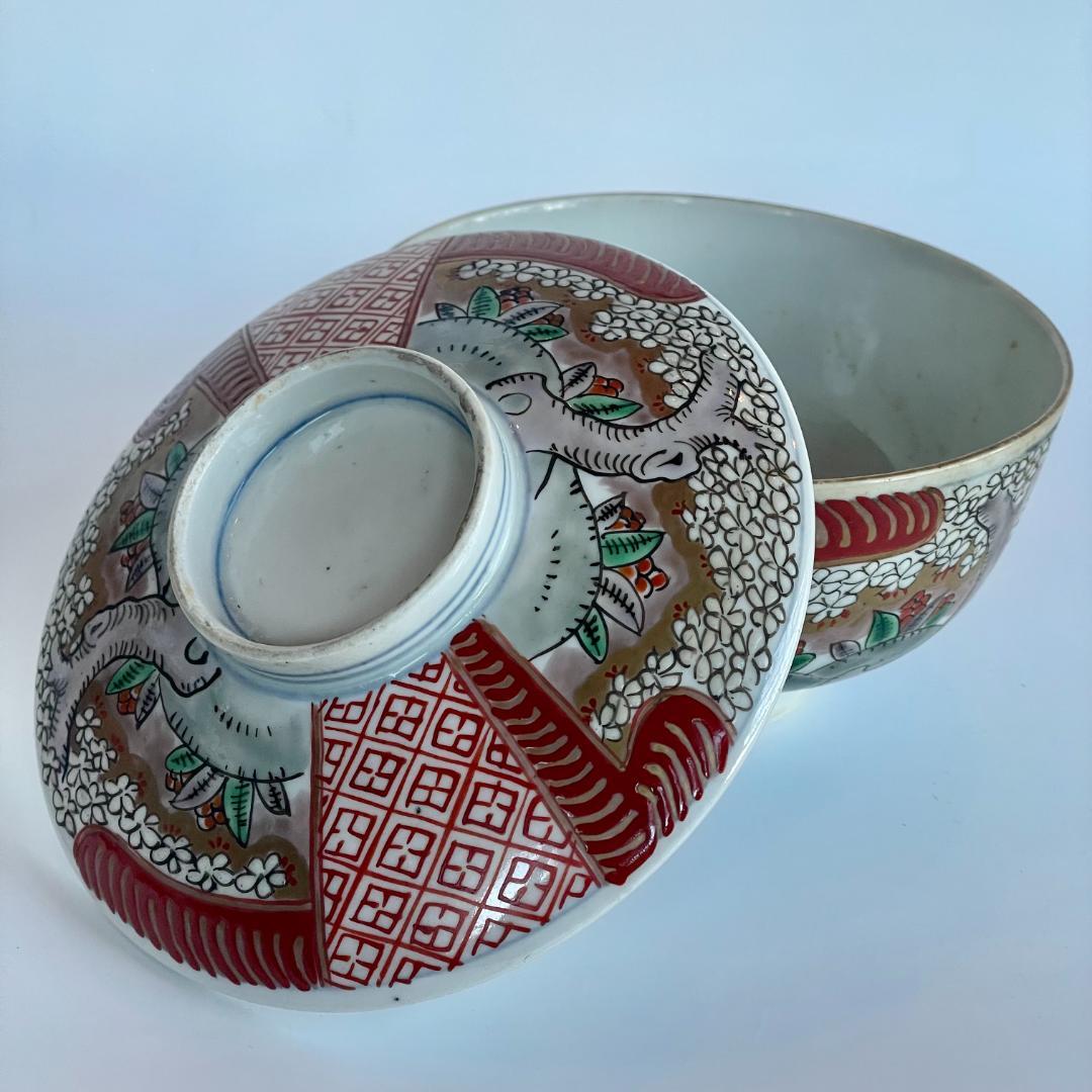 明治 古伊万里 色絵 金彩 金蘭手 桜花文 蓋付椀 3客揃 煮物椀 蒸碗 時代