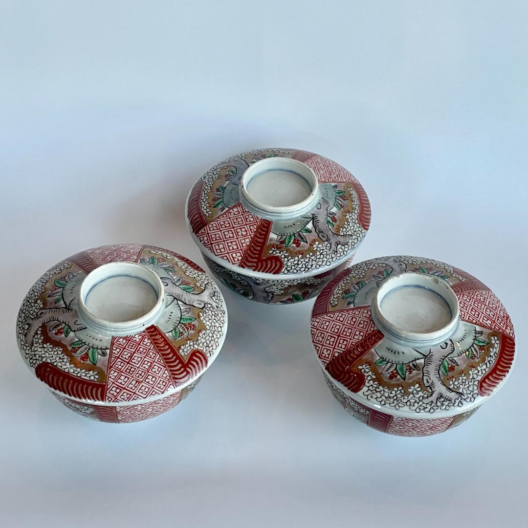 明治 古伊万里 色絵 金彩 金蘭手 桜花文 蓋付椀 3客揃 煮物椀 蒸碗 時代