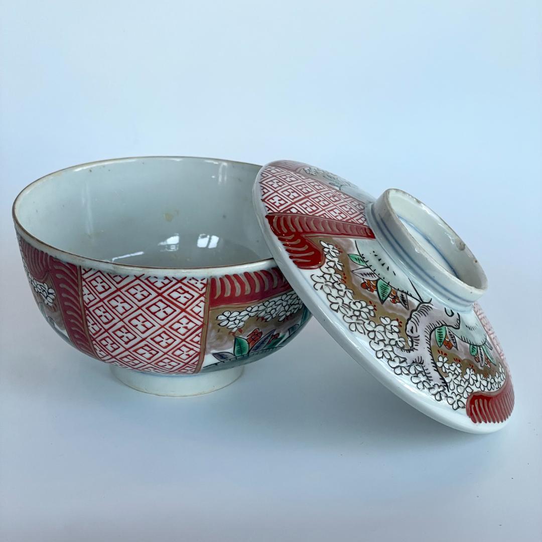 明治 古伊万里 色絵 金彩 金蘭手 桜花文 蓋付椀 3客揃 煮物椀 蒸碗 時代