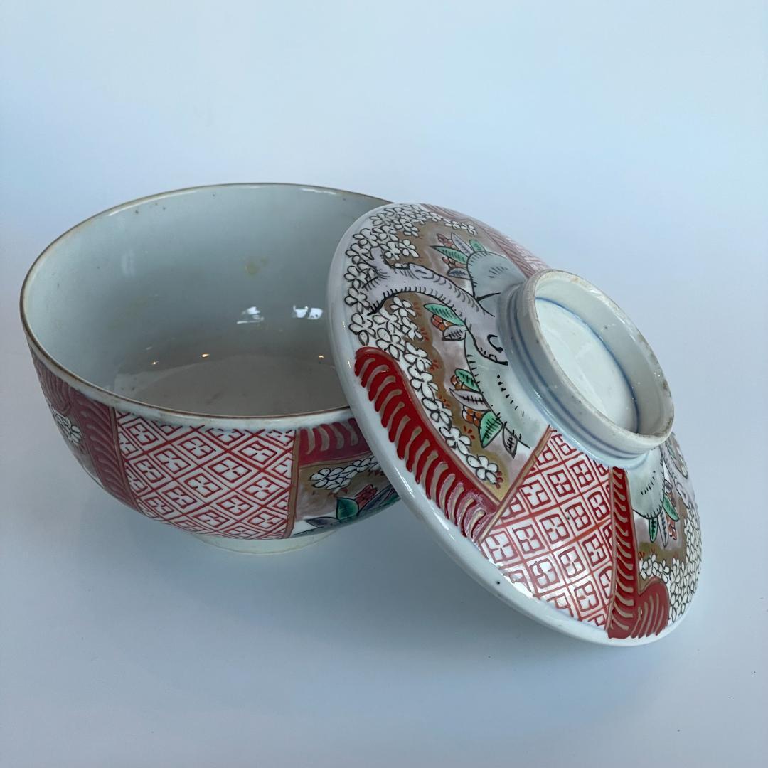 明治 古伊万里 色絵 金彩 金蘭手 桜花文 蓋付椀 3客揃 煮物椀 蒸碗 時代