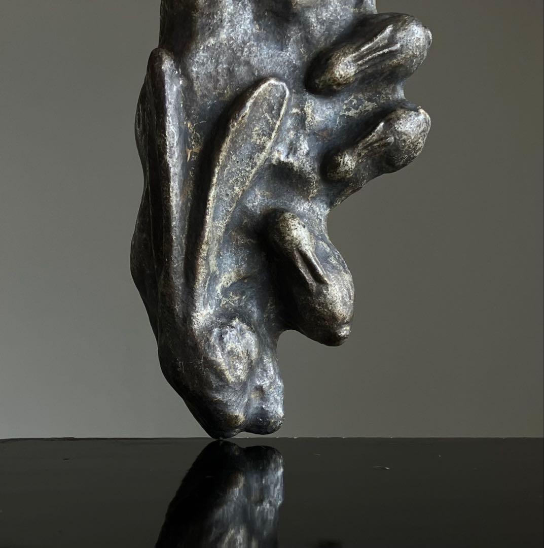 【古鉄 子宝祈願 うさぎ親子 オブジェ 約12㎝ 昭和初期頃】子孫繁栄縁起物置物