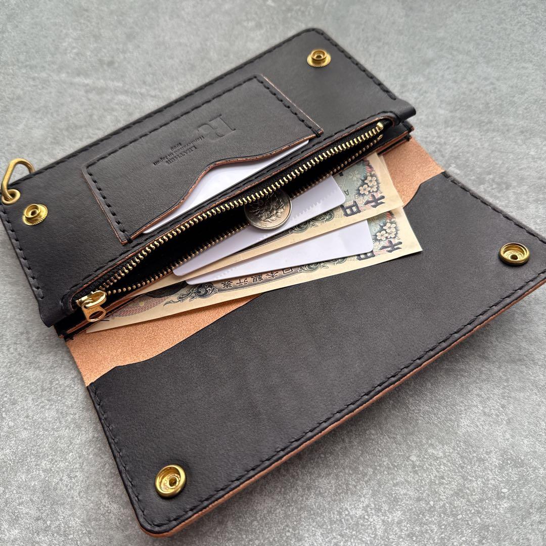 トラッカーウォレット002　丘染めブラック　茶芯　3層　真鍮　黒糸　長財布