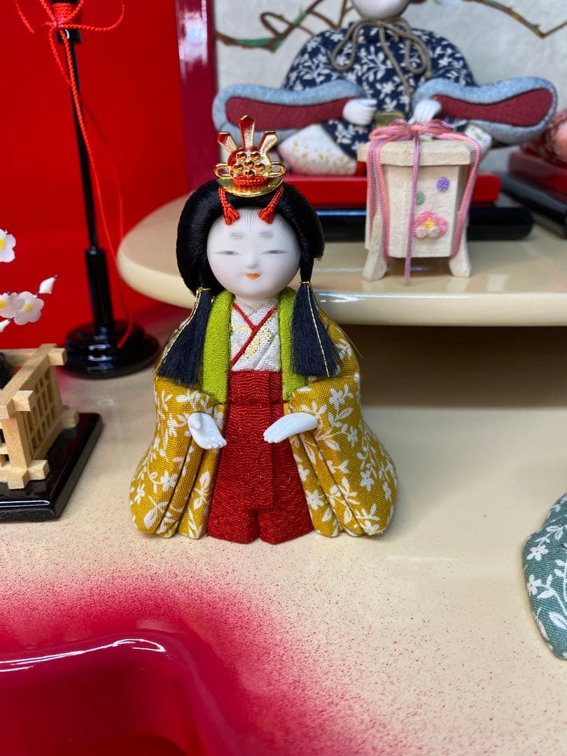 雛人形　草園作　木目込人形　親王五人飾り桜型台