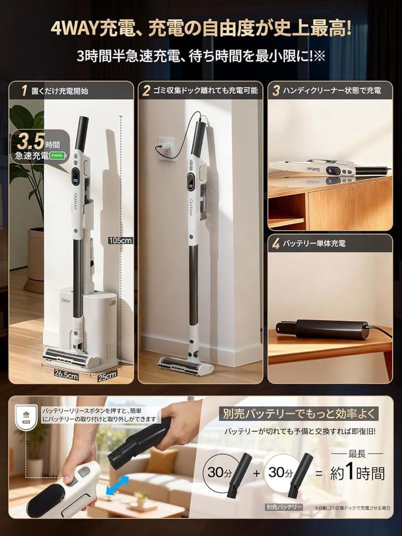 掃除機　コードレス 55000Pa 自動ゴミ収集 コードレス掃除機 自立式ヘッド