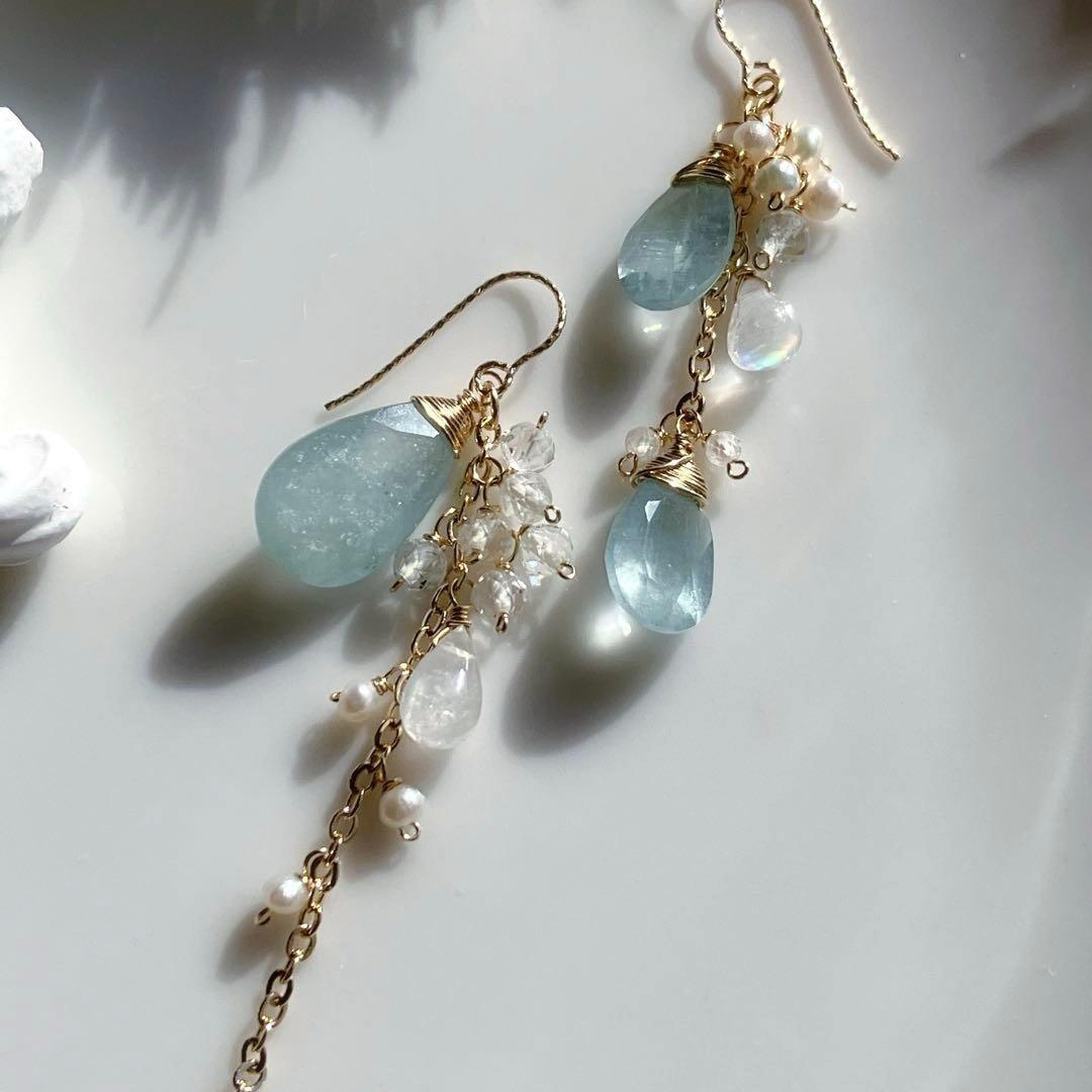 ねこあし◆希少✧シンデレラアクアマリンアシンメトリーピアス✧14kgf