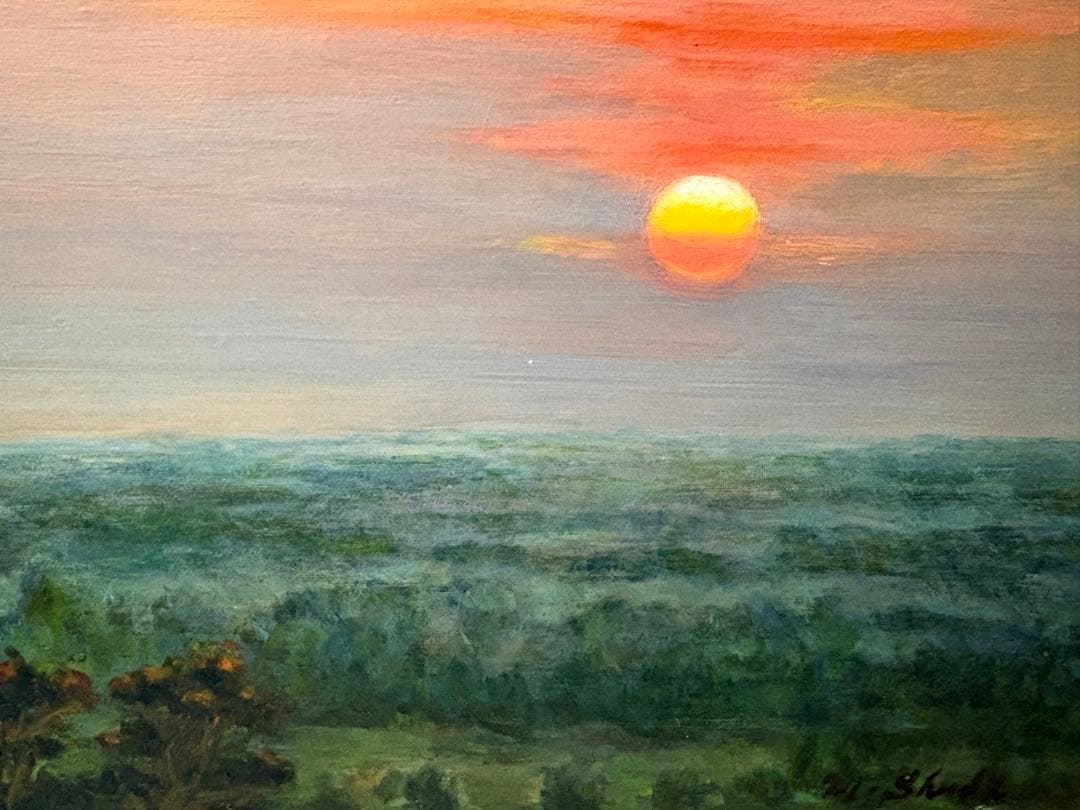 油彩原画 カンボジアの森の夕日　F 6号