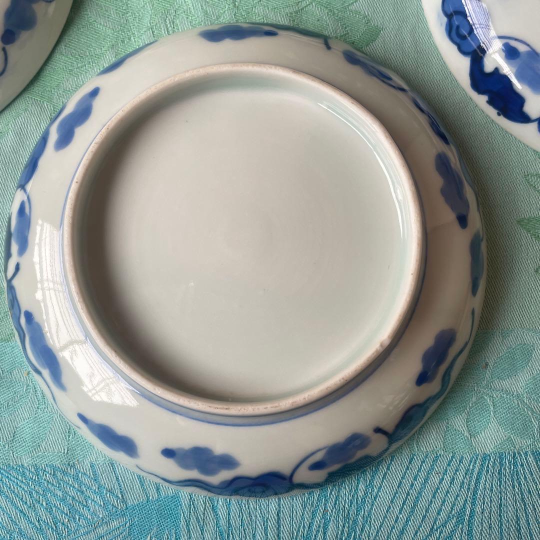 幕末明治　吉祥紋様　青い花と鳥のデザイン皿　5客