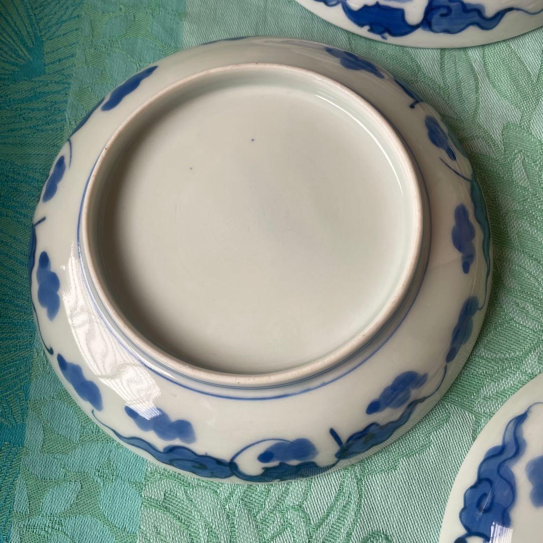 幕末明治　吉祥紋様　青い花と鳥のデザイン皿　5客