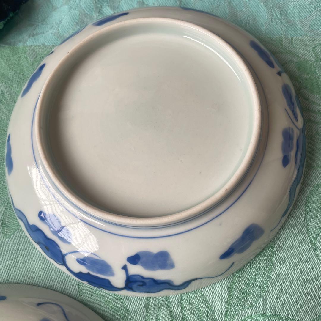 幕末明治　吉祥紋様　青い花と鳥のデザイン皿　5客