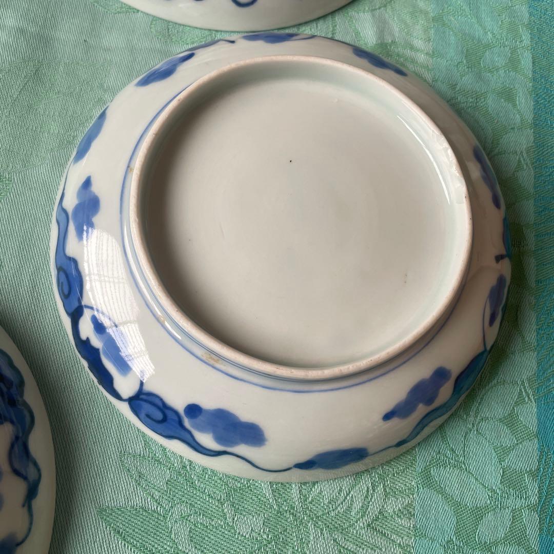 幕末明治　吉祥紋様　青い花と鳥のデザイン皿　5客