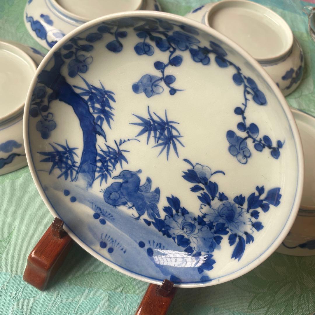 幕末明治　吉祥紋様　青い花と鳥のデザイン皿　5客