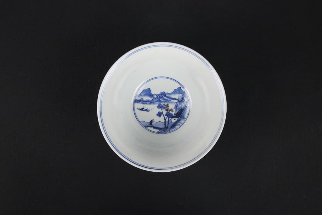 中国美術 清時代 青花山水 大碗 古磁器 時代品 ENM23-3