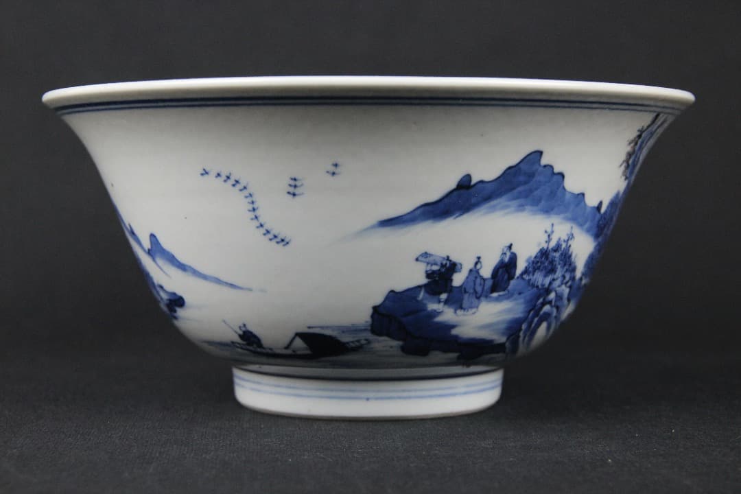 中国美術 清時代 青花山水 大碗 古磁器 時代品 ENM23-3