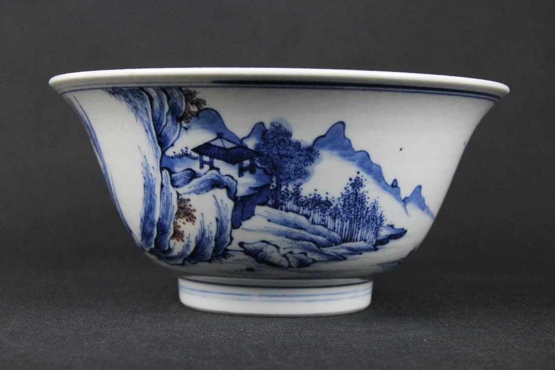 中国美術 清時代 青花山水 大碗 古磁器 時代品 ENM23-3