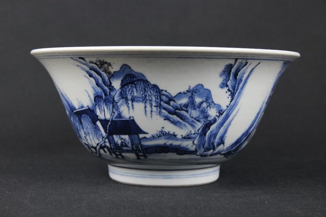 中国美術 清時代 青花山水 大碗 古磁器 時代品 ENM23-3