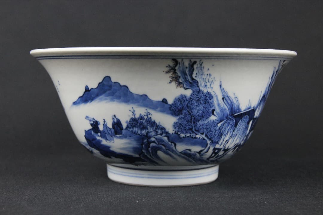 中国美術 清時代 青花山水 大碗 古磁器 時代品 ENM23-3