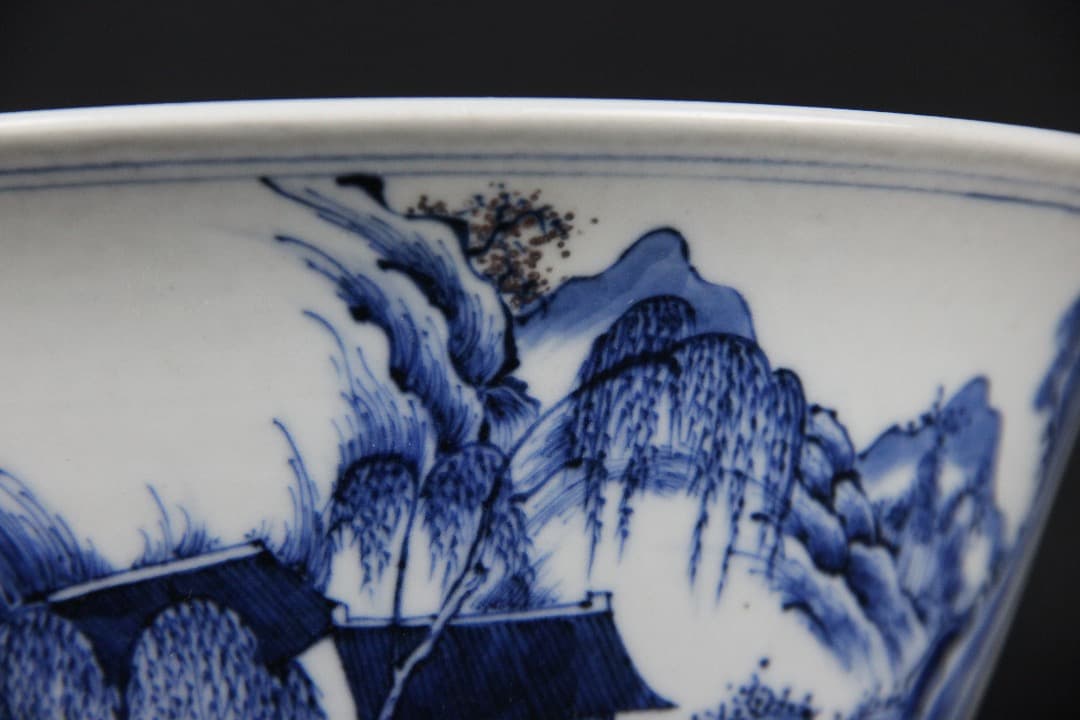 中国美術 清時代 青花山水 大碗 古磁器 時代品 ENM23-3