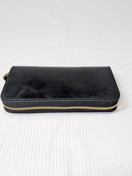 台形ラウンドファスナーウォレット 本革 ヌメ革 【ブラック】