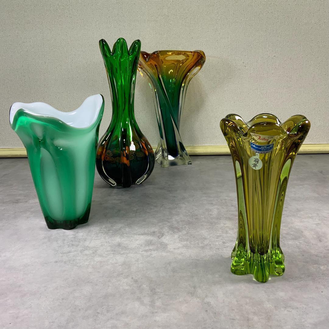 ジャパン ヴィンテージ ガラス ベース 緑×黄色 グラデーション 花器 花瓶