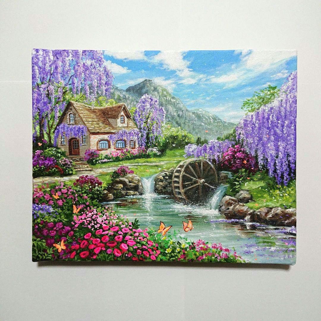 【藤の花が咲く頃】アクリル画 F3 風景画 絵画