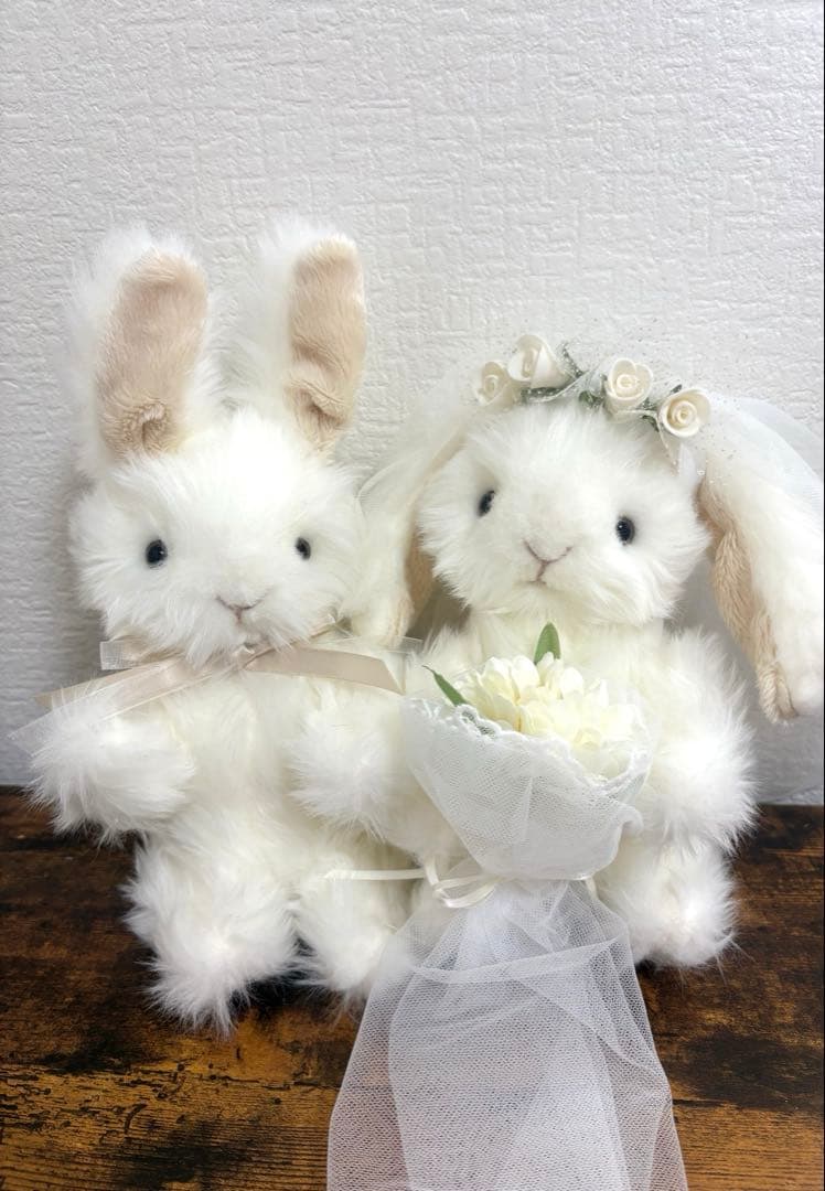 ハンドメイド　ぬいぐるみ　うさぎ　寄り添ううさぎ　ウェディングペア　一点もの
