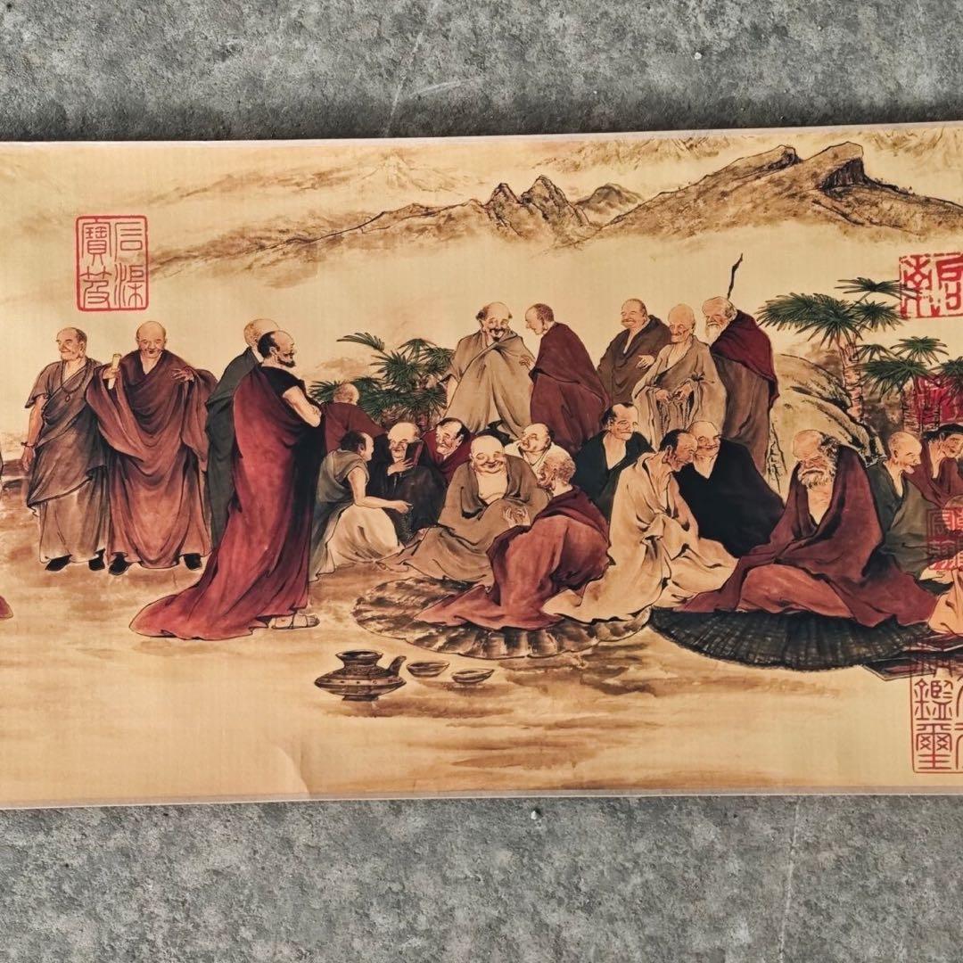 丁雲鵬 五百羅漢図 巻物 掛け軸 中国名画 仏画 宣紙 表装済 246×30cm