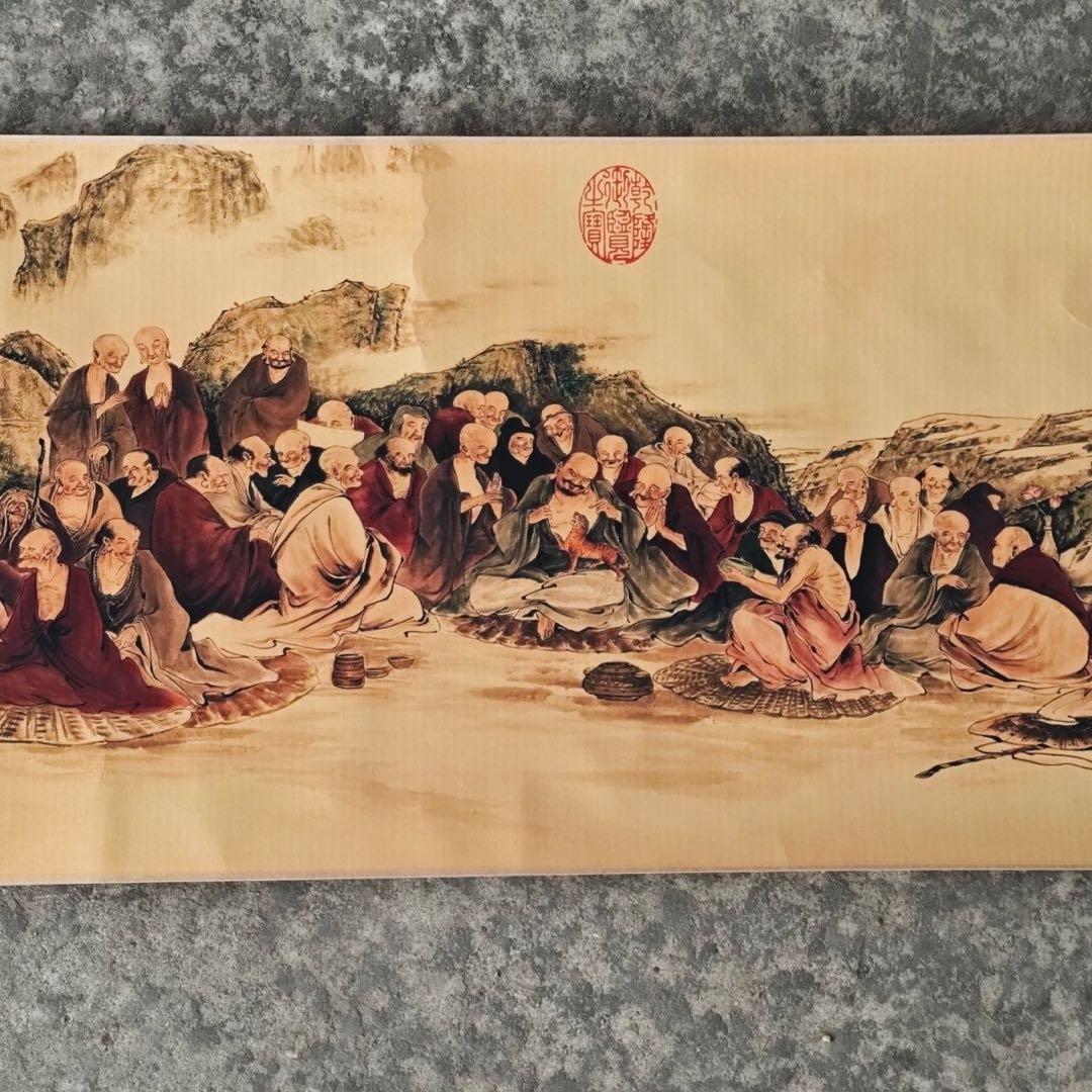 丁雲鵬 五百羅漢図 巻物 掛け軸 中国名画 仏画 宣紙 表装済 246×30cm