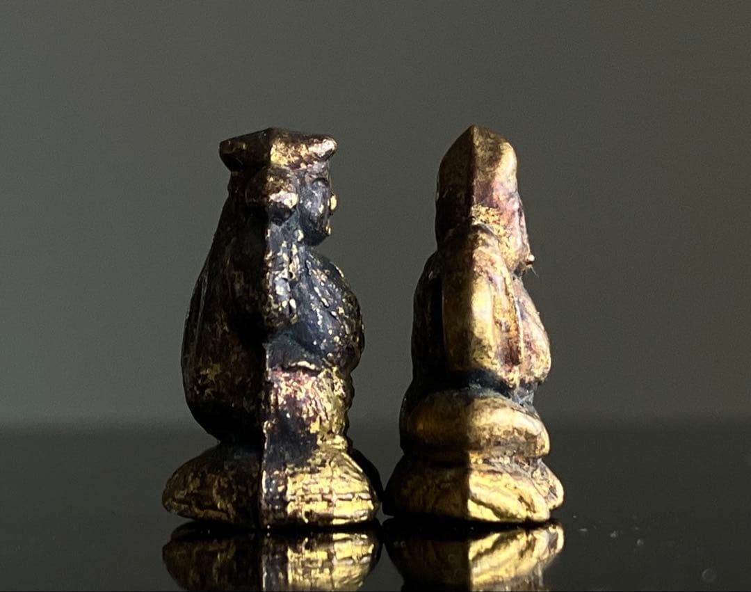 【古い極小像 恵比寿 大黒天 鍍金銅製豆仏 約1.5㎝ 江戸後期〜明治】民間信仰