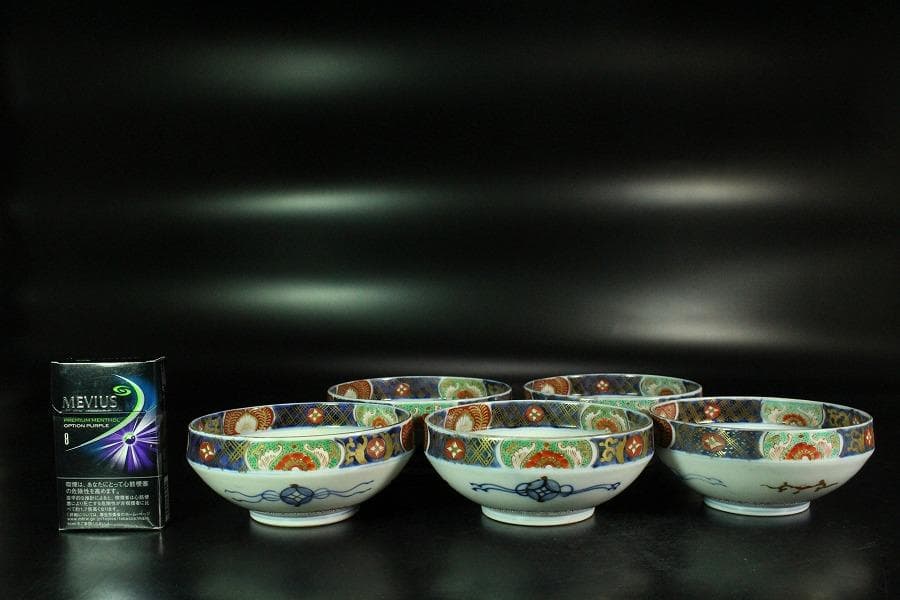 古伊万里 金彩色絵 色紙丸 向付 五客 明治(K-YC604)