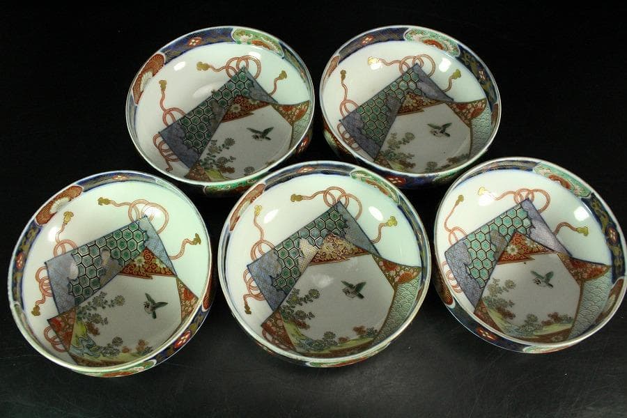 古伊万里 金彩色絵 色紙丸 向付 五客 明治(K-YC604)