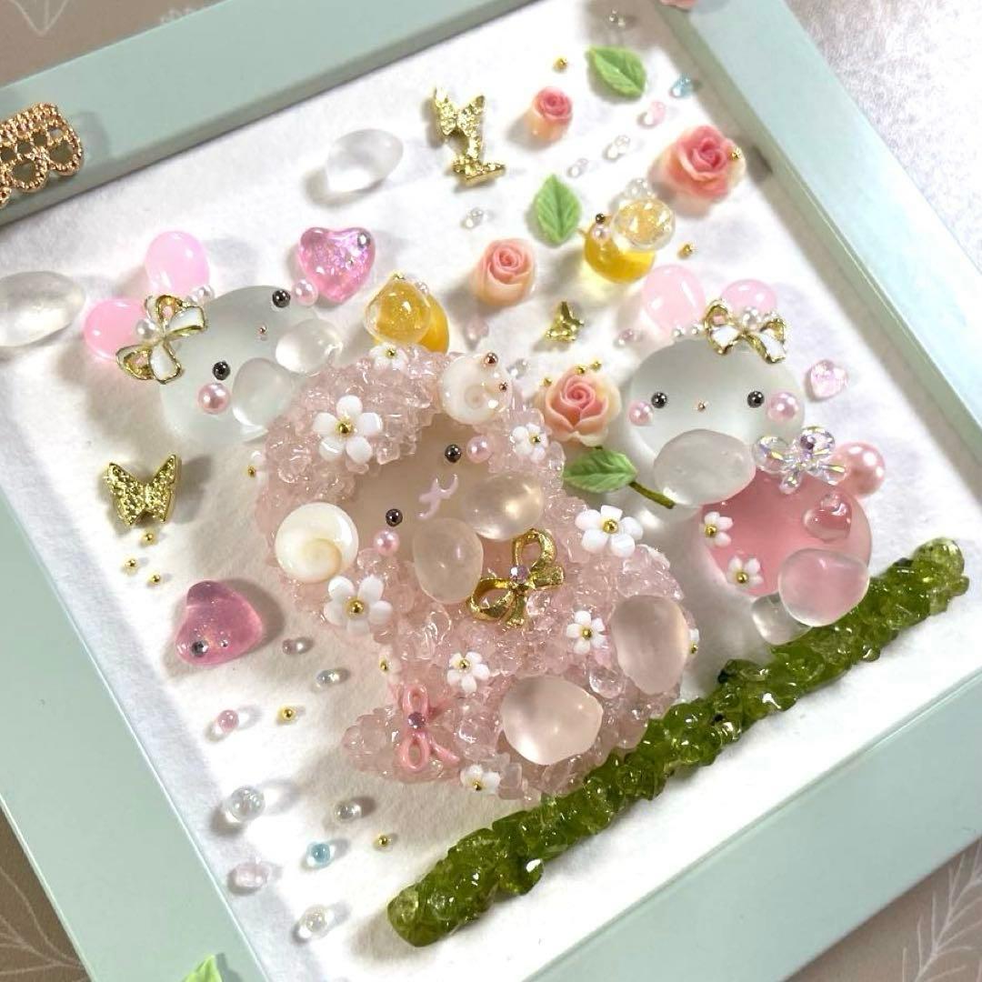♡ピンクローズに癒され中♡羊さんとうさぎさん シーグラスアート