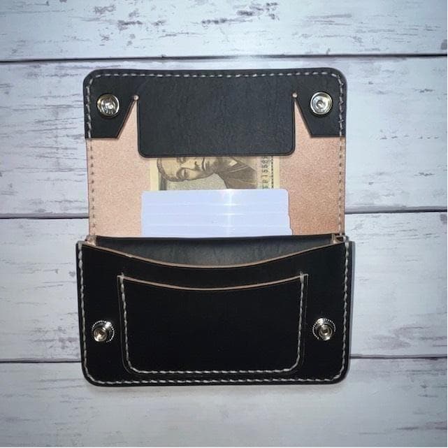 ふじみミドルトラッカーウォレット/姫路レザー茶芯/黒色/ステッチ白色