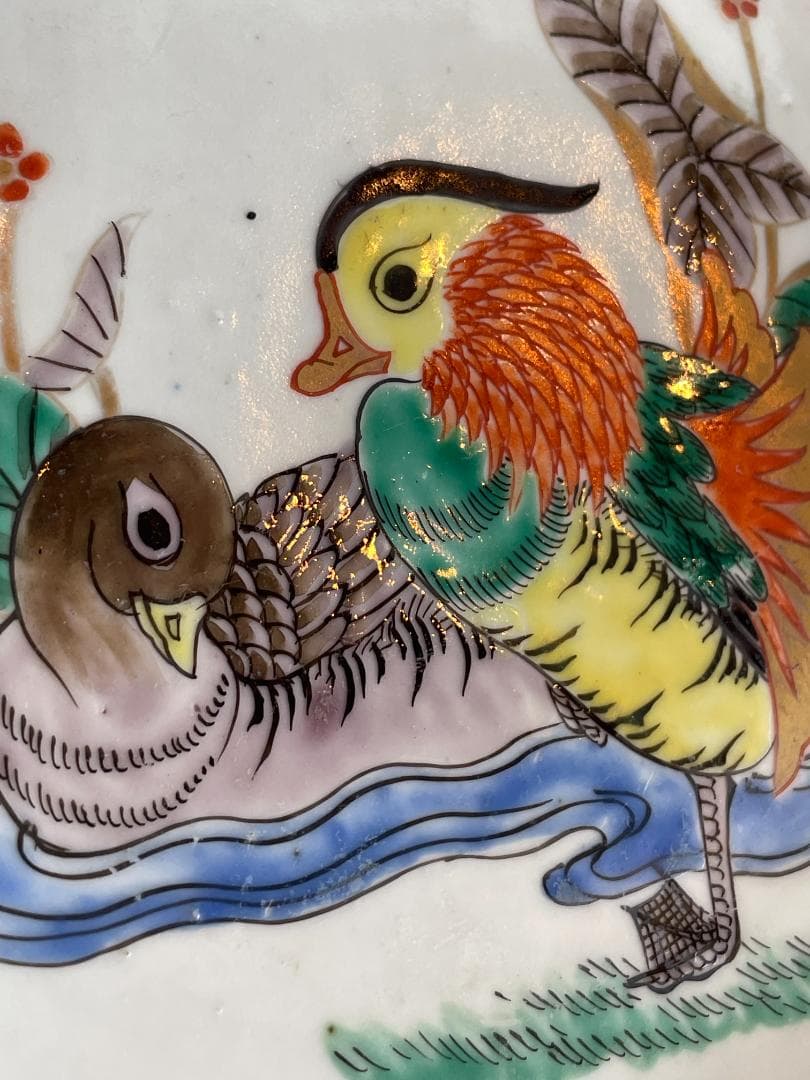 古伊万里 色絵 夫婦鳥図 オシドリ 鴛鴦 吉祥文 輪花皿 江戸後 明治初 飾皿