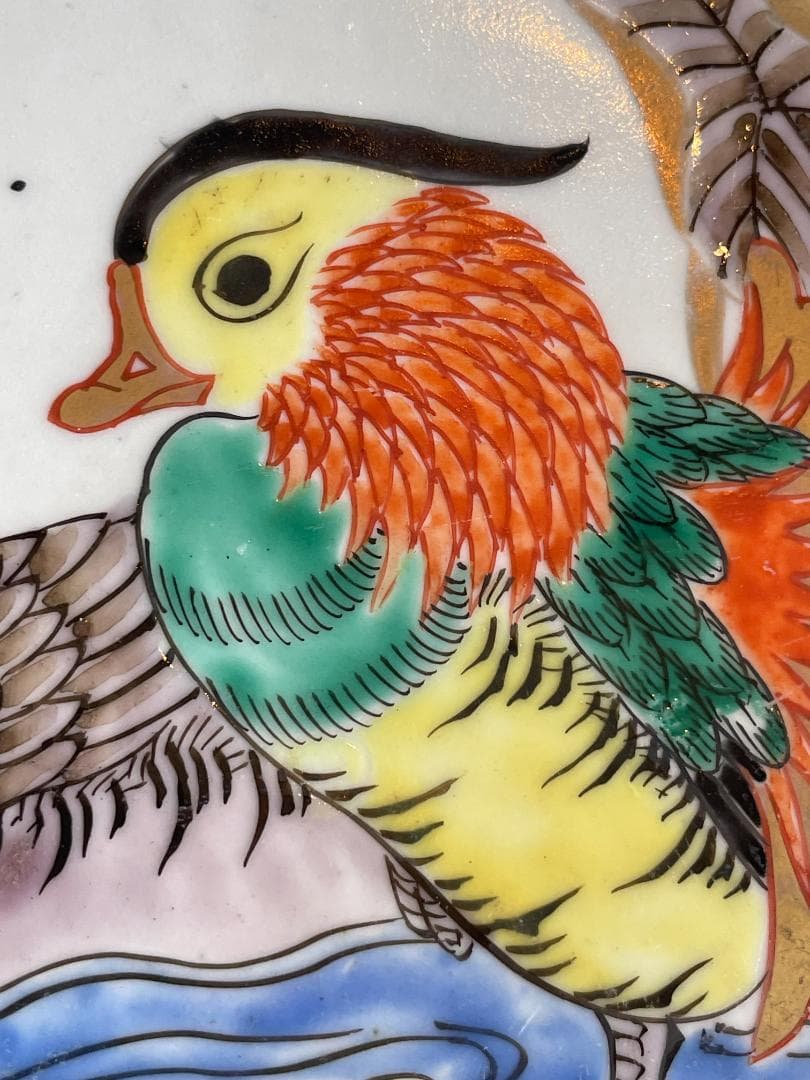 古伊万里 色絵 夫婦鳥図 オシドリ 鴛鴦 吉祥文 輪花皿 江戸後 明治初 飾皿
