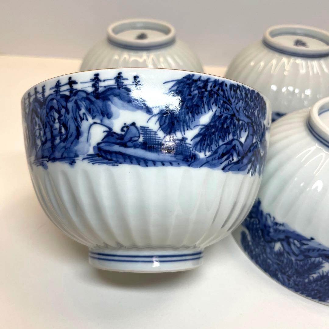 清水焼　平安光抱　染付山水多用碗４客