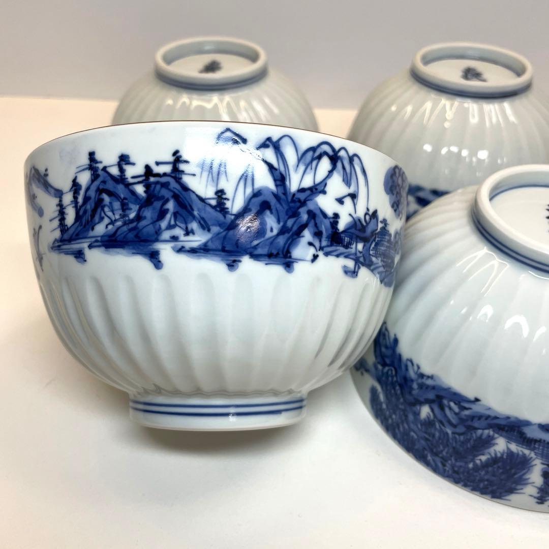 清水焼　平安光抱　染付山水多用碗４客