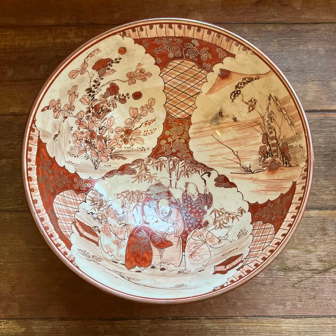 アンティーク 九谷焼 赤絵 特大 三ツ鉢 深鉢 細密赤絵 山水賢人図 骨董