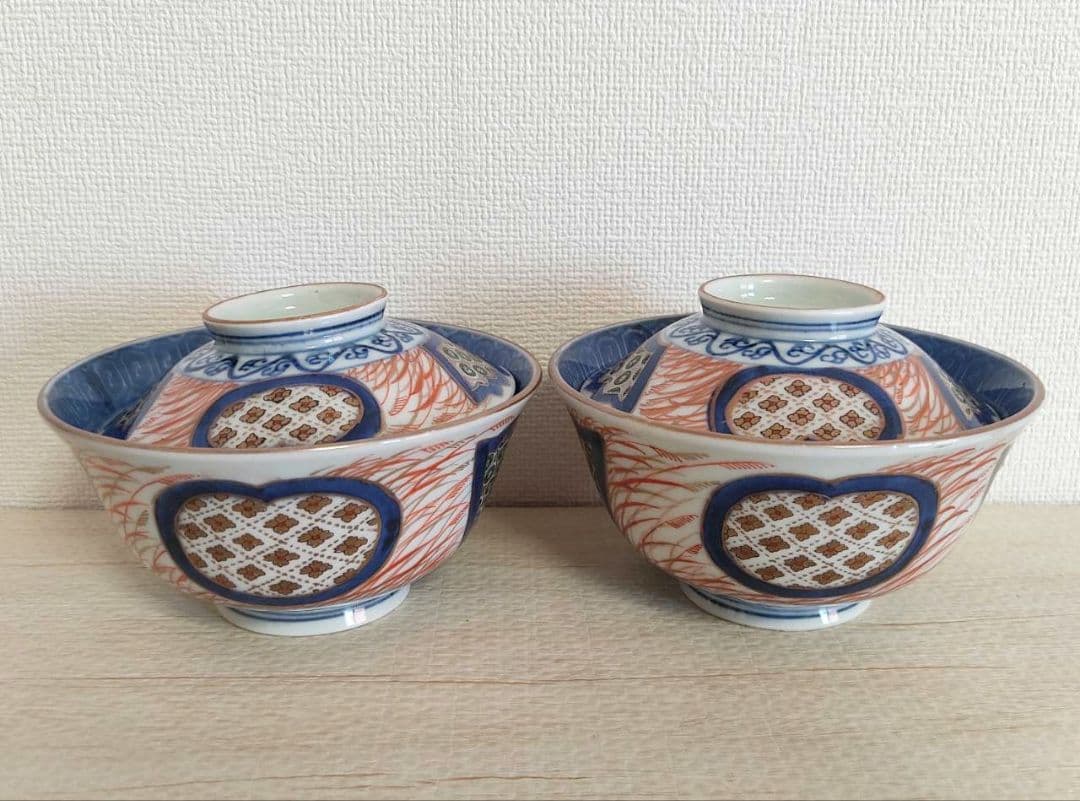 お値下げしました。2個組　古伊万里　色絵　窓抜　芒文　飯茶碗