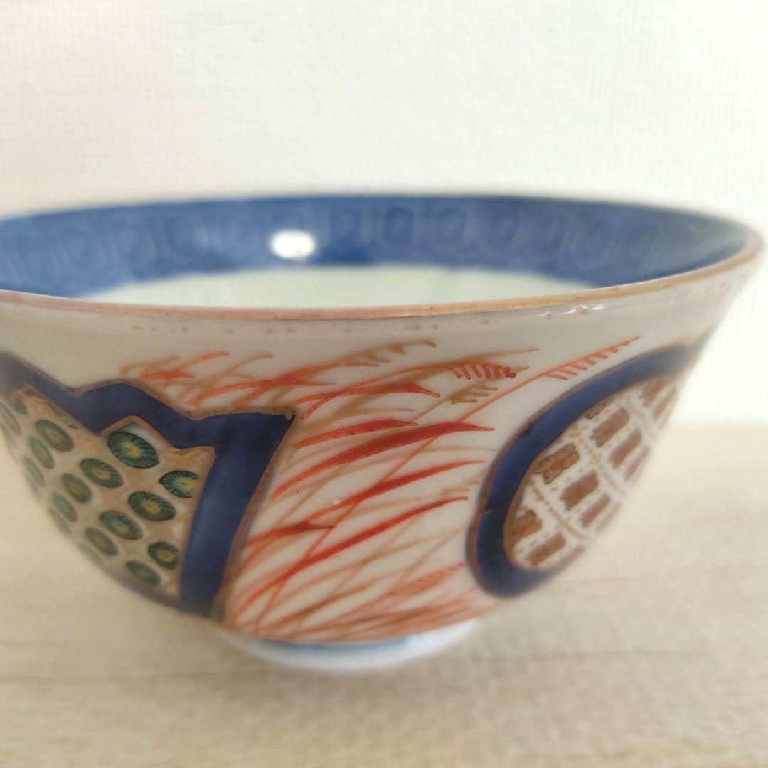 お値下げしました。2個組　古伊万里　色絵　窓抜　芒文　飯茶碗