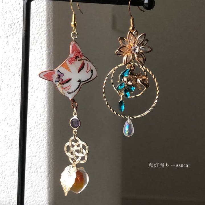 猫面と鬼灯　彼岸花とモルフォ蝶　蓮と金魚　和装小物　ピアス　イヤリング