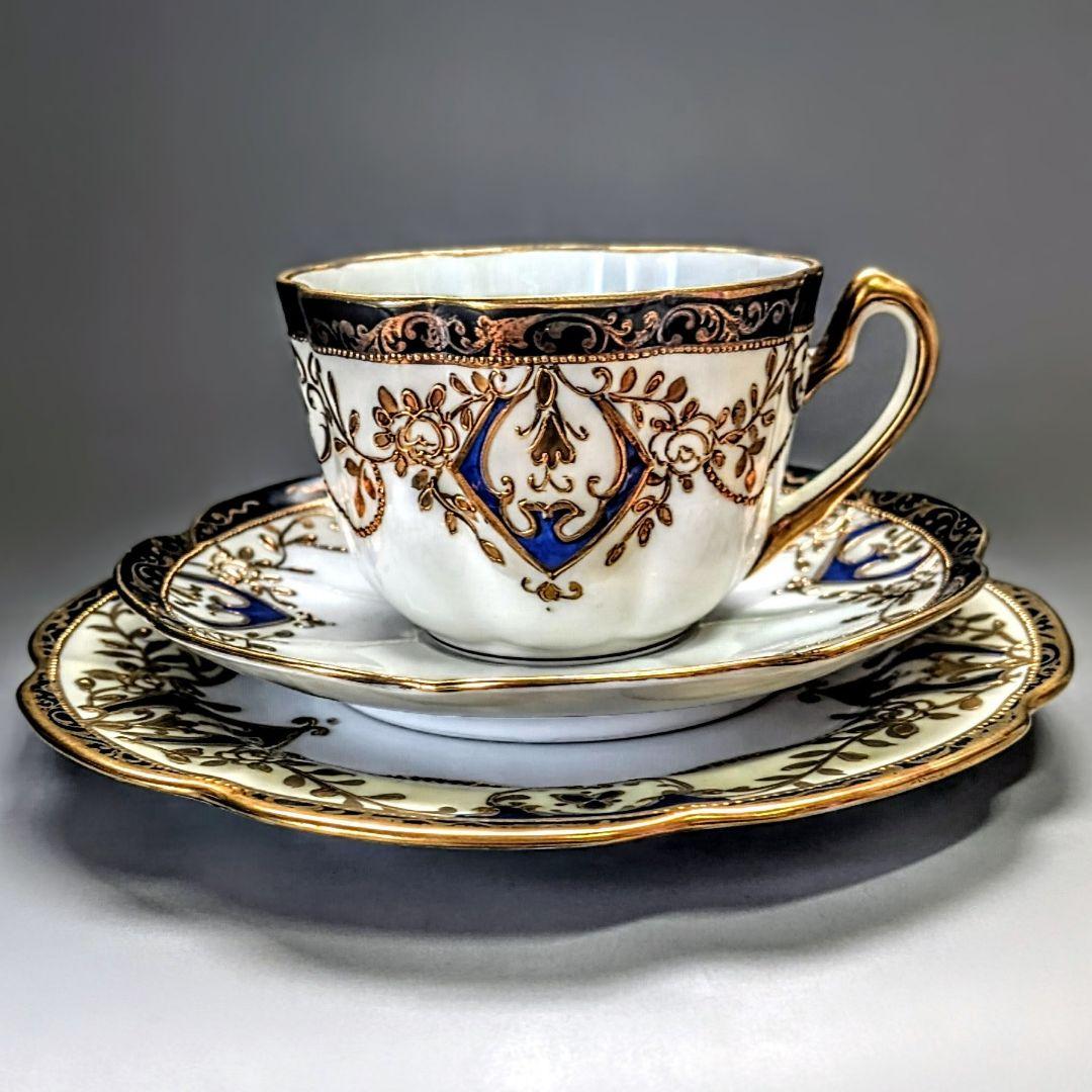 美品 オールドノリタケ マルキ印 コバルト金盛 トリオセット カップ＆ソーサー